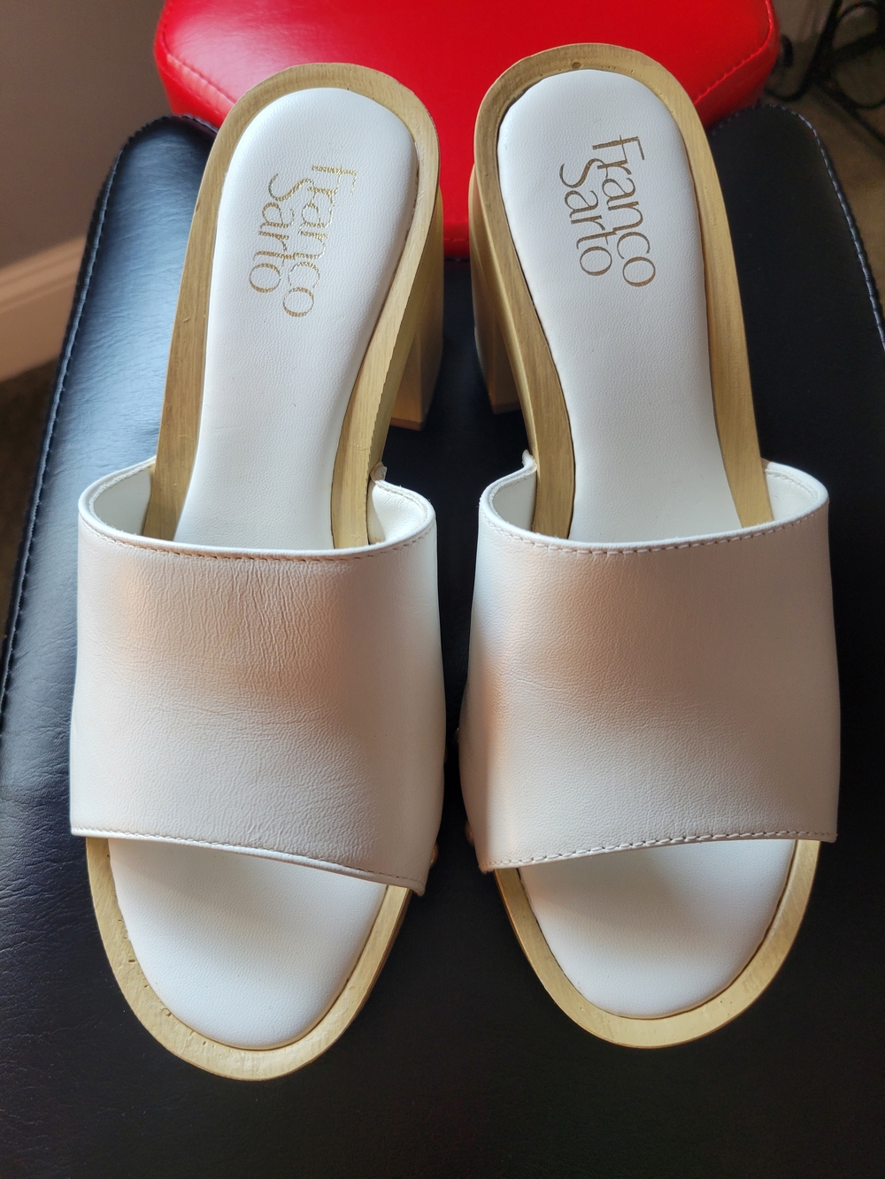 Franco Sarto Cream White Slide Mules with Wood-Look Block Heel